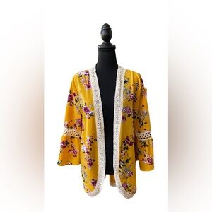 NoBo: Yellow BoHo Floral Cardigan with Lace Trim